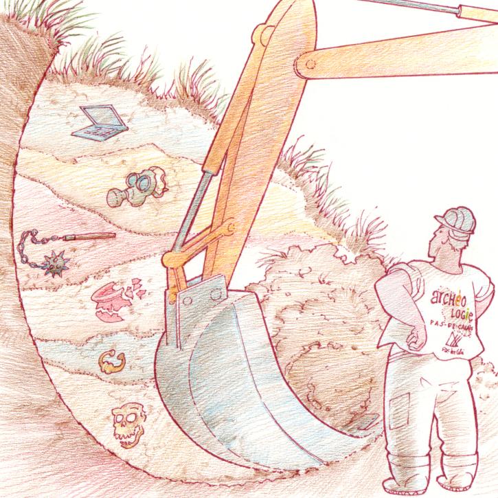 Coupe stratigraphique illustrée de manière humoristique. © P.-Y. Videlier